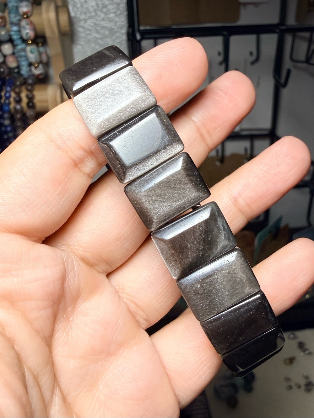 Silver Sheen Obsidian Soft Bangle Stretch Bracelet Natural Gemstone